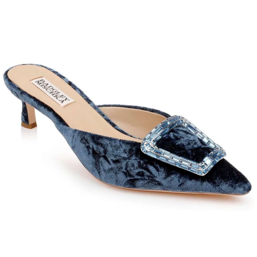 Badgley Mischka Womens Size 6.5 Blue‎ Velvet Jeweled Slip On Mules Heels Shoes
